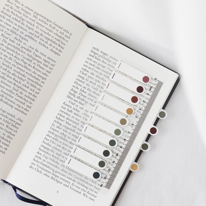 May include: An open book with several rectangular page markers. Each marker has a colored dot at the end. The dots are in shades of red, brown, green, and yellow. The book's pages are filled with printed text.