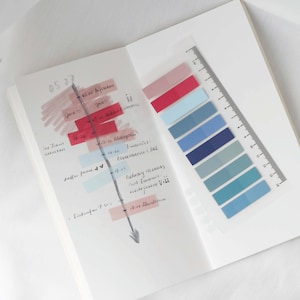 Peut inclure: Un carnet blanc avec un horaire quotidien écrit à l'encre noire. L'horaire comprend des activités comme "Sport", "12-h Mittagessen" et "Industry Networks". Le carnet a une règle sur le côté droit et des notes autocollantes colorées avec différentes nuances de bleu et de rouge.