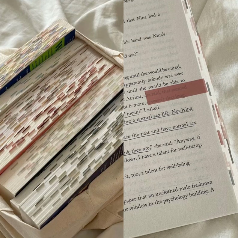 May include: A stack of books with colorful edges and a book with a highlighted passage. The books are in a neutral-colored tote bag. The open book has text on the pages and a pink rectangular highlighter.