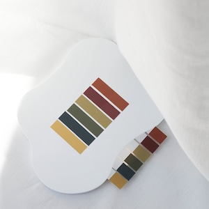 May include: A white, uniquely shaped coaster with a color palette design. The design features rectangular blocks in shades of gold, olive green, dark blue, and burgundy. A smaller, matching color palette is also visible.