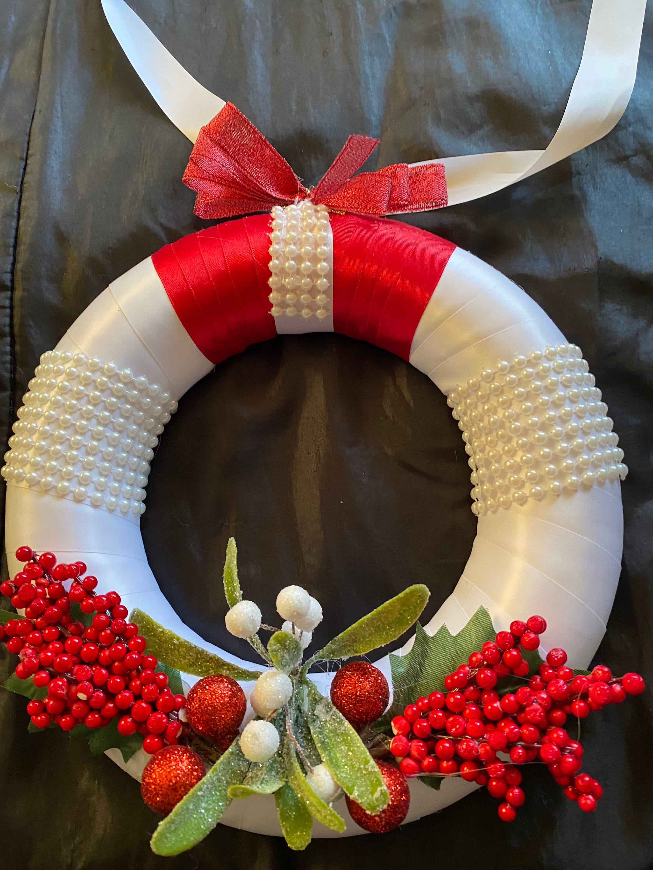 White Ribbon Wreath With Pearl Detail Etsy UK