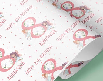 Emballage cadeau personnalisé FÉE pour 8e anniversaire / Papier cadeau fée / Papier cadeau fée anniversaire bébé / Fille / Papier cadeau personnalisé enfant