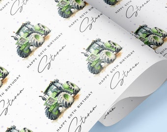 May include: White wrapping paper with a repeating pattern of green tractors and the text "Happy 60th Birthday Steven". The background is white with small, light purple stars.