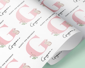 RABBIT Milestone Personalised Initial Gift Wrap / Baby Girl Wrapping Paper / Baby Boy Blue Initial Gift Wrap / 1st, 2nd, 30th, 40th Wrap