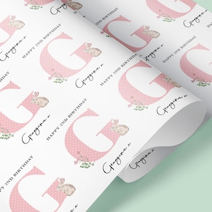 RABBIT Milestone Personalised Initial Gift Wrap / Baby Girl Wrapping Paper / Baby Boy Blue Initial Gift Wrap / 1st, 2nd, 30th, 40th Wrap