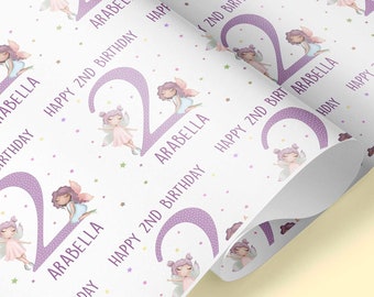 Emballage cadeau personnalisé FÉE pour 2e anniversaire / Papier cadeau fée / Papier cadeau fée anniversaire bébé / Papier cadeau fille / enfant personnalisé
