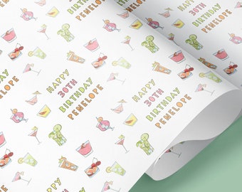 COCKTAIL Gepersonaliseerde inpakpapier / Cadeaupapier / Cadeaupapier op maat / Mijlpaal Happy Birthday / Wrap op maat / 21 / 30 / 40 / 50 / 60
