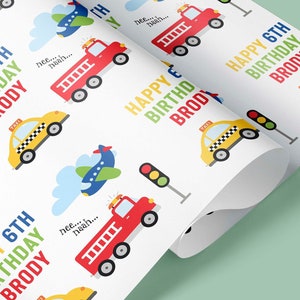 MILESTONE Transport Birthday Personalised Gift Wrap / Cars Gift Wrap / Vehicles Birthday Wrapping Paper / Personalised Kids Gift Wrap