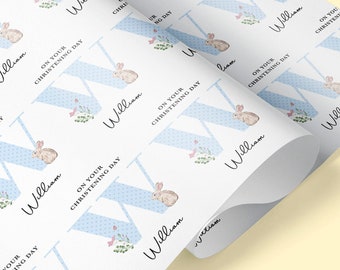 CHRISTENING Personalised Rabbit Christening Wrapping Paper | Bespoke Gift Wrap | Celebration | Baptism | Girl | Baby Shower | Blue | Boy