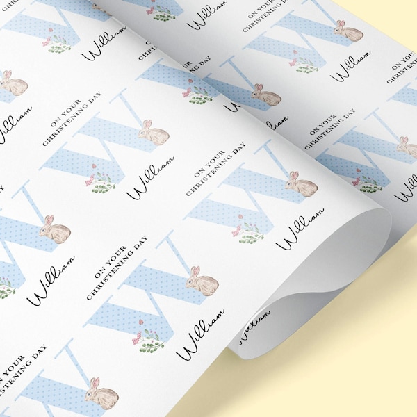 CHRISTENING Personalised Rabbit Christening Wrapping Paper | Bespoke Gift Wrap | Celebration | Baptism | Girl | Baby Shower | Blue | Boy