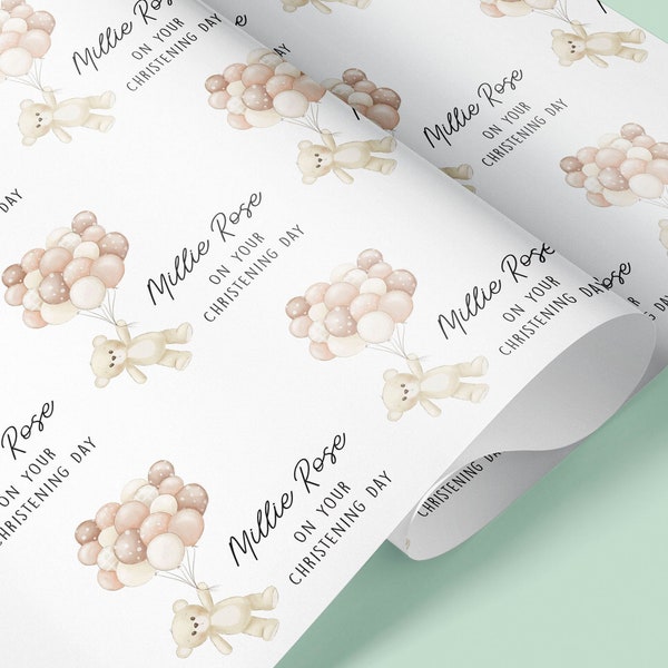 CHRISTENING Personalised Teddy Bear Christening Wrapping Paper | Bespoke Gift Wrap | Celebration | Baptism | Girl | Baby Shower | Blue | Boy