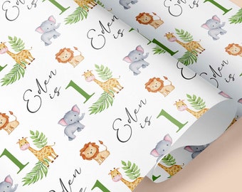 Papier cadeau personnalisé sur le thème de la jungle animalière / Papier cadeau anniversaire personnalisé pour bébé, enfant / Papier cadeau anniversaire / Papier cadeau 1er, 2e, 3e, 4e