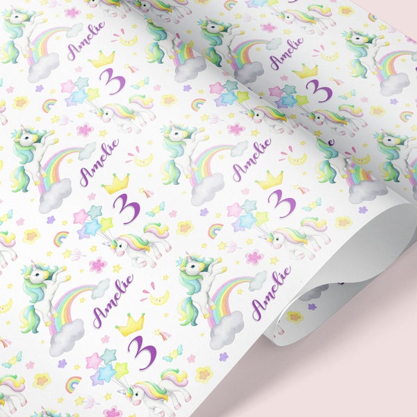 UNICORN THEME Personalised Gift Wrap / Kids Birthday Wrapping Paper / Personalised Children Gift Wrap / Any age, 3rd, 4th, 5th Birthday Wrap
