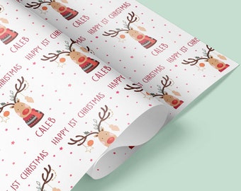 REINDEER Christmas Wrapping Paper | Personalised Christmas Wrap | Kids Christmas Paper | Fun Rudolf Christmas Gift Wrap, Xmas Gift Wrap