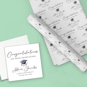 May include: A graduation-themed stationery set featuring a greeting card, envelope, and wrapping paper. The card and paper are white with the text "Congratulations on Your Graduation" and the graduate's name, school, and class year. The design includes a mortarboard.