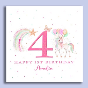 May include: A pink and gold glitter birthday card with a unicorn holding balloons and a large pink number 4. The card says "Happy 1st Birthday Amelia".