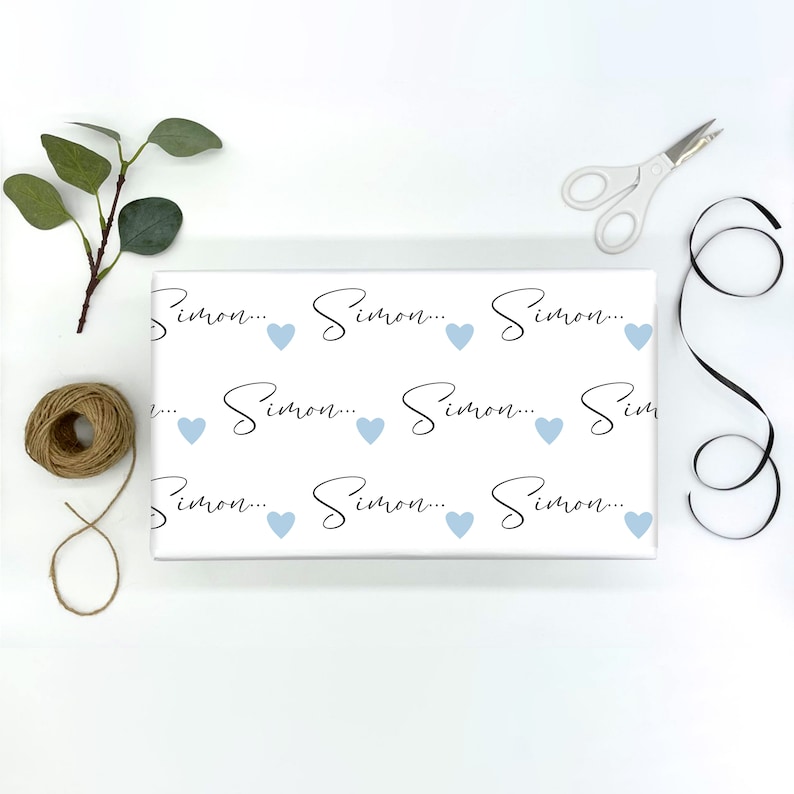 Pu&ograve; includere: Carta da regalo bianca con un motivo ripetuto del nome "Simon..." in scrittura nera con un cuore blu chiaro tra ogni nome.