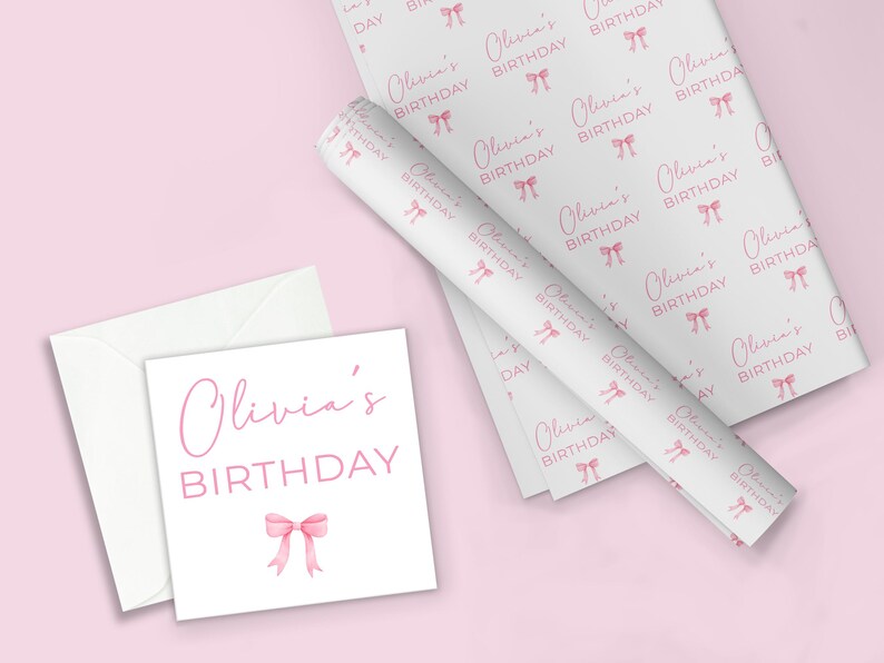 May include: White gift wrap with a pink bow and the text "Olivia's Birthday" repeated throughout. A white card with the text "Olivia's Birthday" and a pink bow is also shown.