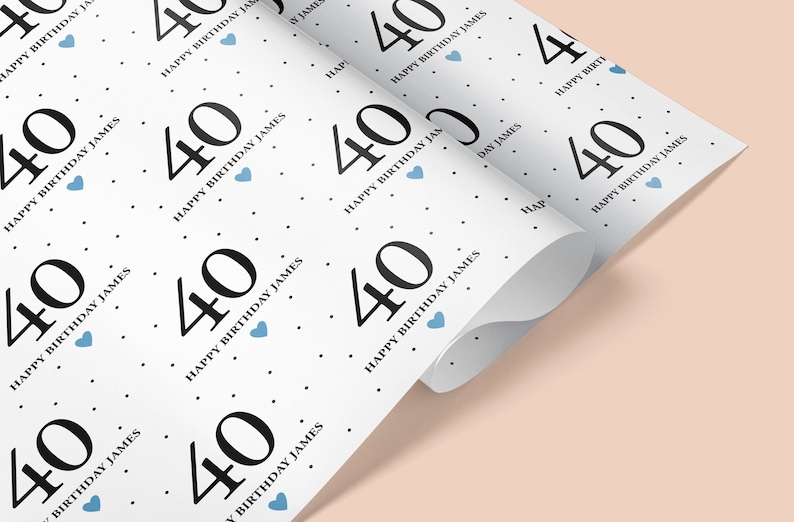 May include: White wrapping paper with a repeating pattern of black numbers "40" and the text "Happy Birthday James" with small blue hearts.