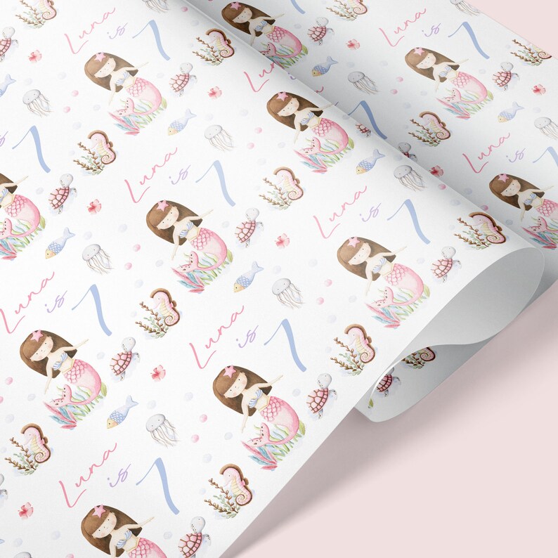 MERMAID THEME Personalised Gift Wrap / Mermaid Birthday Wrapping Paper / Personalised Sea Creature Gift Wrap / 1st, 5th, 6th, 7th, 8th Wrap Brown Hair