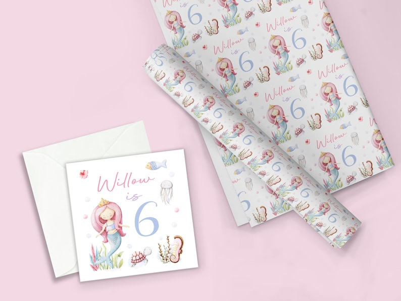 MERMAID THEME Personalised Gift Wrap / Mermaid Birthday Wrapping Paper / Personalised Sea Creature Gift Wrap / 1st, 5th, 6th, 7th, 8th Wrap image 3