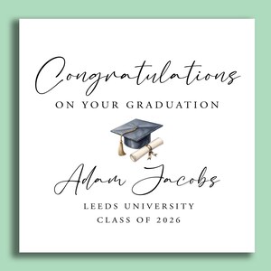 May include: A white graduation card with elegant script that reads "Congratulations on Your Graduation." A watercolor illustration of a graduation cap and diploma is centered. The card is personalized with a name, university, and class year.