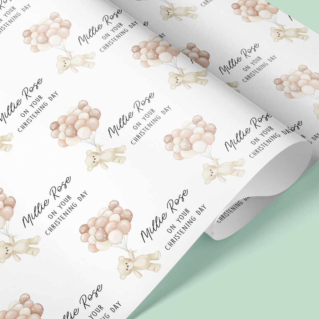 CHRISTENING Personalised Teddy Bear Christening Wrapping Paper Bespoke Gift Wrap Celebration