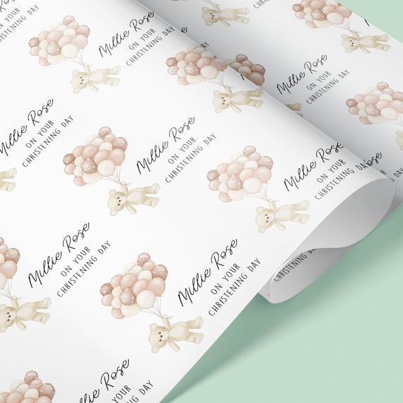 CHRISTENING Personalised Teddy Bear Christening Wrapping Paper | Bespoke Gift Wrap | Celebration | Baptism | Girl | Baby Shower | Blue | Boy