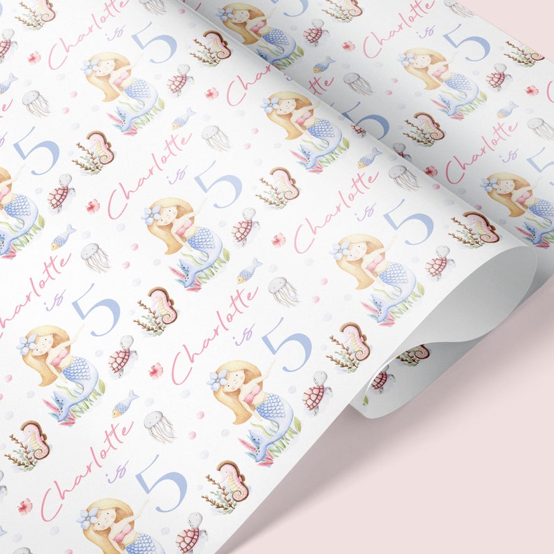 MERMAID THEME Personalised Gift Wrap / Mermaid Birthday Wrapping Paper / Personalised Sea Creature Gift Wrap / 1st, 5th, 6th, 7th, 8th Wrap Blonde Hair