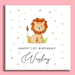 Carte d’anniversaire d’animal lion, carte d’anniversaire personnalisée Milestone, cartes d’anniversaire pour enfants, animaux de safari, carte Bday pour enfants, cartes bébé
