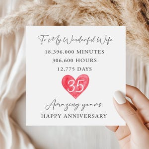 Könnte beinhalten: Eine weiße Jubiläumskarte mit dem Text "To My Wonderful Wife" und "Happy Anniversary". Die Karte enthält die Zahl 35 in einem roten Herzen sowie Zeitangaben.