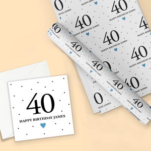 May include: White wrapping paper with a repeating pattern of black polka dots, blue hearts, and the number 40 with the text "Happy Birthday James".
