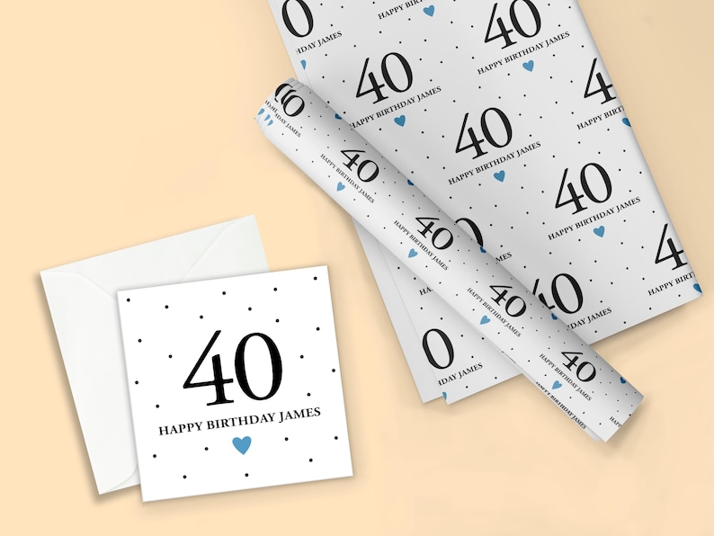 May include: White wrapping paper with a repeating pattern of black polka dots, blue hearts, and the number 40 with the text "Happy Birthday James".