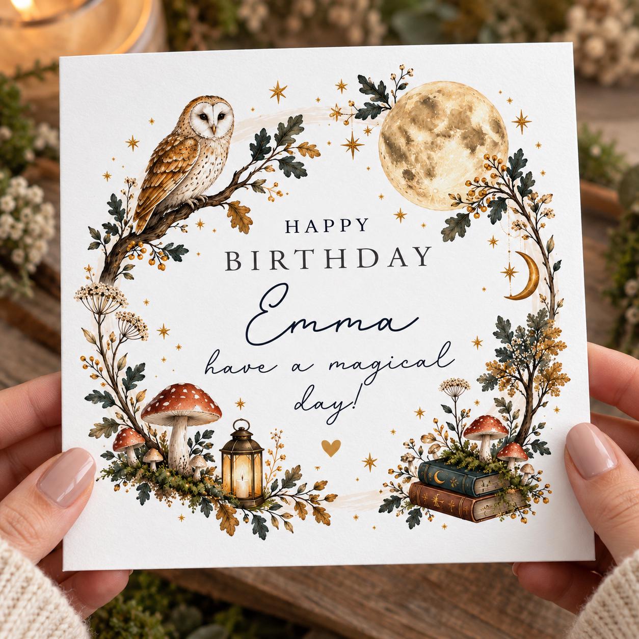 Personalised Owl Birthday Card, Enchanted Woodland Full Moon Greeting Card, Magical Mushroom Toadsto