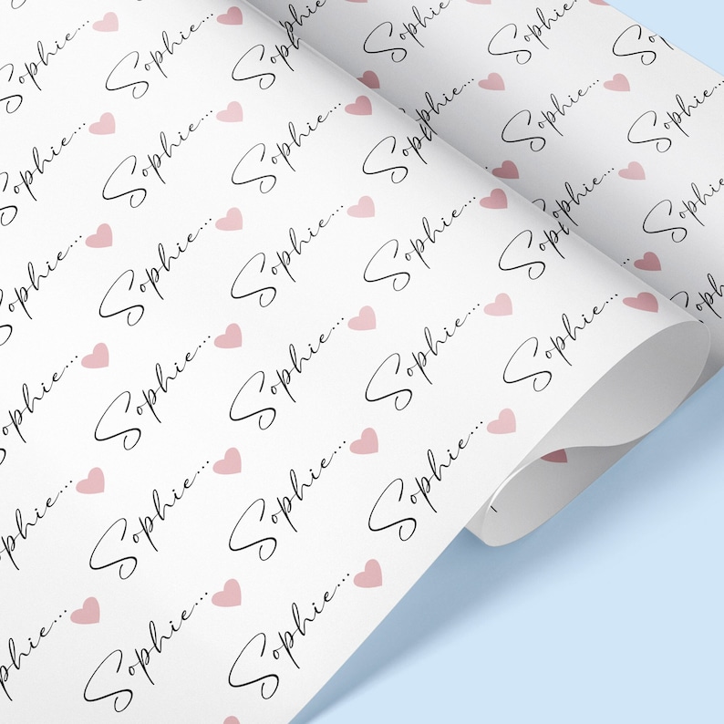 Pu&ograve; includere: Carta da regalo bianca con un motivo ripetitivo di cuori rosa e il nome "Sophie..." scritto in corsivo nero.