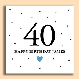 May include: A white card with black polka dots and the number 40 in black. The text "Happy Birthday James" is below the number. A small blue heart is below the text.