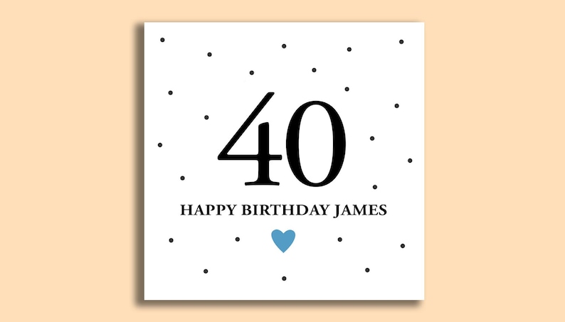 May include: A white card with black polka dots and the number 40 in black. The text "Happy Birthday James" is below the number. A small blue heart is below the text.