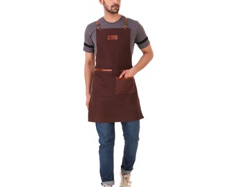Canvas Apron with large pockets Adjustable Cross back Leather Straps for Comfort Woodworking Welding Grilling Apron Men and Women