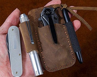 Personalized Genuine Leather Multitool Sheath for Belt. Sheath with Pen Holder, Key Fob, Flashlight and Tool Holder