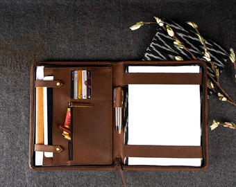 leather portfolio personalize padfolio binder, A4 leather organiser/zipper planner,  Documents & Notepad holder, leather portfolio for men.