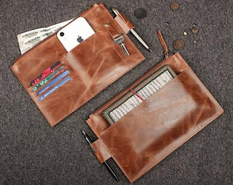 Leather sleek wallet pouch Personalised Leather Travel Zip Pouch, Clear Travel Wallet,