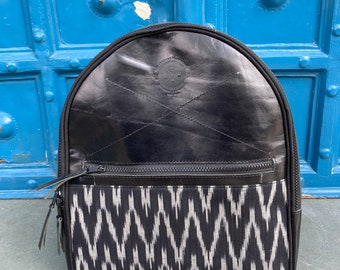 Handgefertigter Rucksack aus echtem Leder und Kalamkari-Stoff, schwarzer Lederrucksack, Lederrucksack