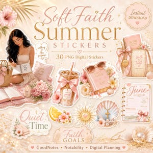 May include: A digital sticker set with a soft, feminine aesthetic. The image features various stickers with floral and faith-based themes, including a Bible, coffee, and the text "Soft Faith Summer Stickers". The stickers are designed for digital planning.