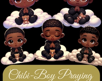 Whimsical Praying Black Boy Cutie – Clipart