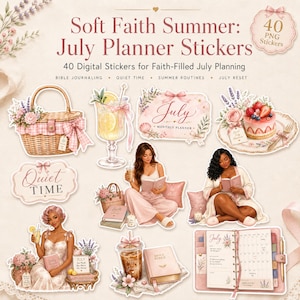 Op de afbeelding: Een verzameling van 40 digitale plannerstickers met zachte roze en bloemmotieven. Elementen zijn onder meer een picknickmand, limonade, een juli-maandplannerlabel, een aardbeientaart en illustraties van mensen die in boeken lezen.