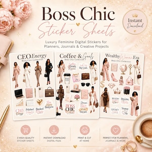 May include: Three digital sticker sheets titled Boss Chic Sticker Sheets, Coffee & Goals, and Wealthy Woman Era. The sheets feature illustrations of people in professional attire, laptops, handbags, coffee cups, and text like CEO Energy.