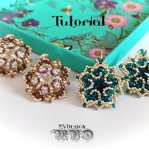 May include: Two pairs of beaded earrings, one pair is gold and brown with a white crystal centre, the other pair is gold and teal with a teal crystal centre. The earrings are displayed on a turquoise box with the word "Tutorial" printed on the top.