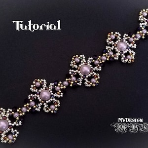 May include: A beaded bracelet with a silver and gold color scheme. The bracelet features a repeating pattern of flower-shaped designs with a pearl in the center of each flower. The bracelet is on a black background with the word "Tutorial" above it and the text "MVDESIGN" below it.