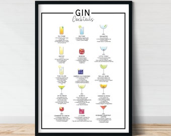 Gin Cocktails | Menu | Cocktail Wall Art | Gin Poster | Gin Cocktail Recipe | Cocktail Poster