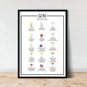 Gin Cocktails / Menú / Cocktail Wall Art / Gin Poster / Gin Cocktail Receta / Cartel de Cóctel / Cóctel